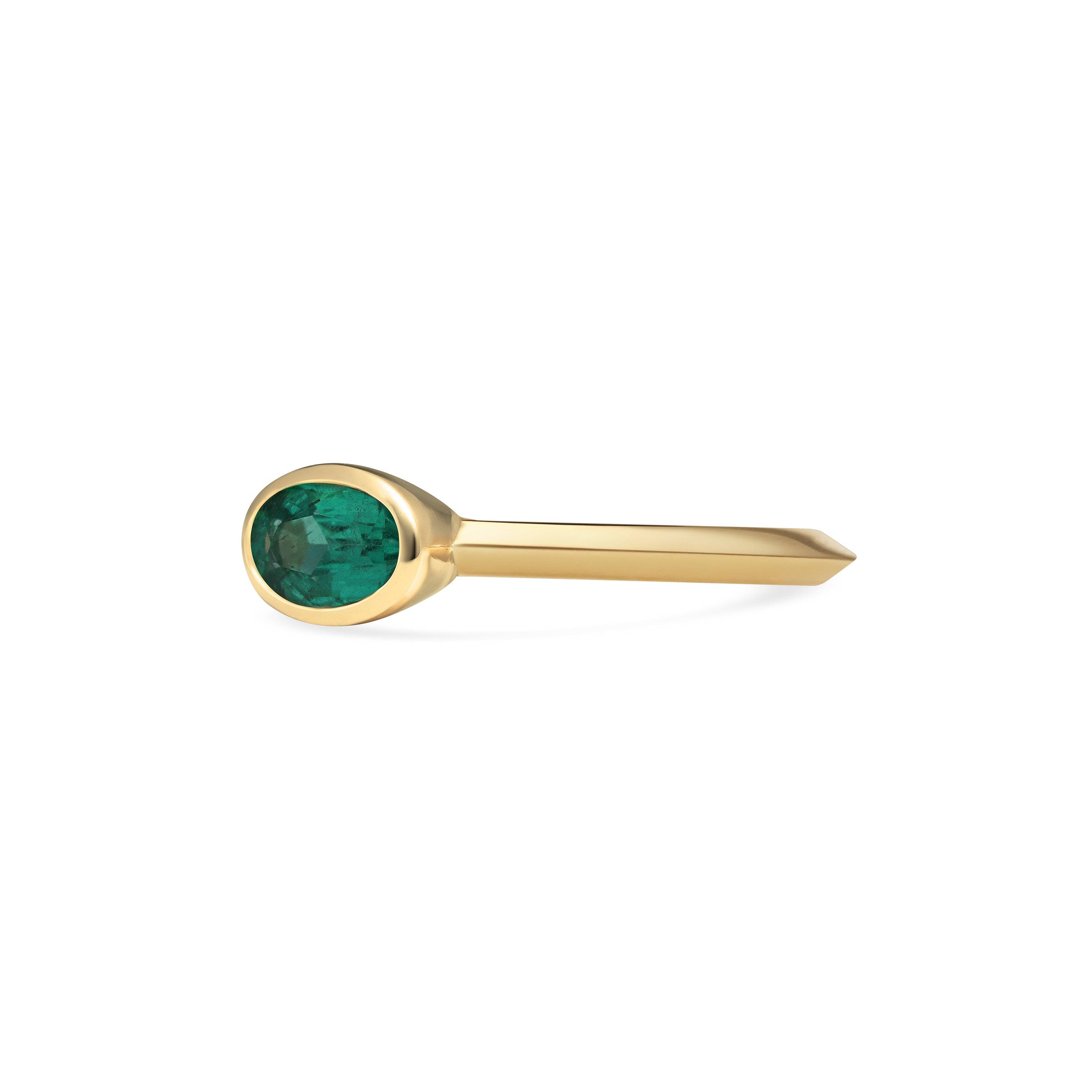 The Emerald Rubover Knife Edge Ring by East London jeweller Rachel Boston | Discover our collections of unique and timeless engagement rings, wedding rings, and modern fine jewellery.