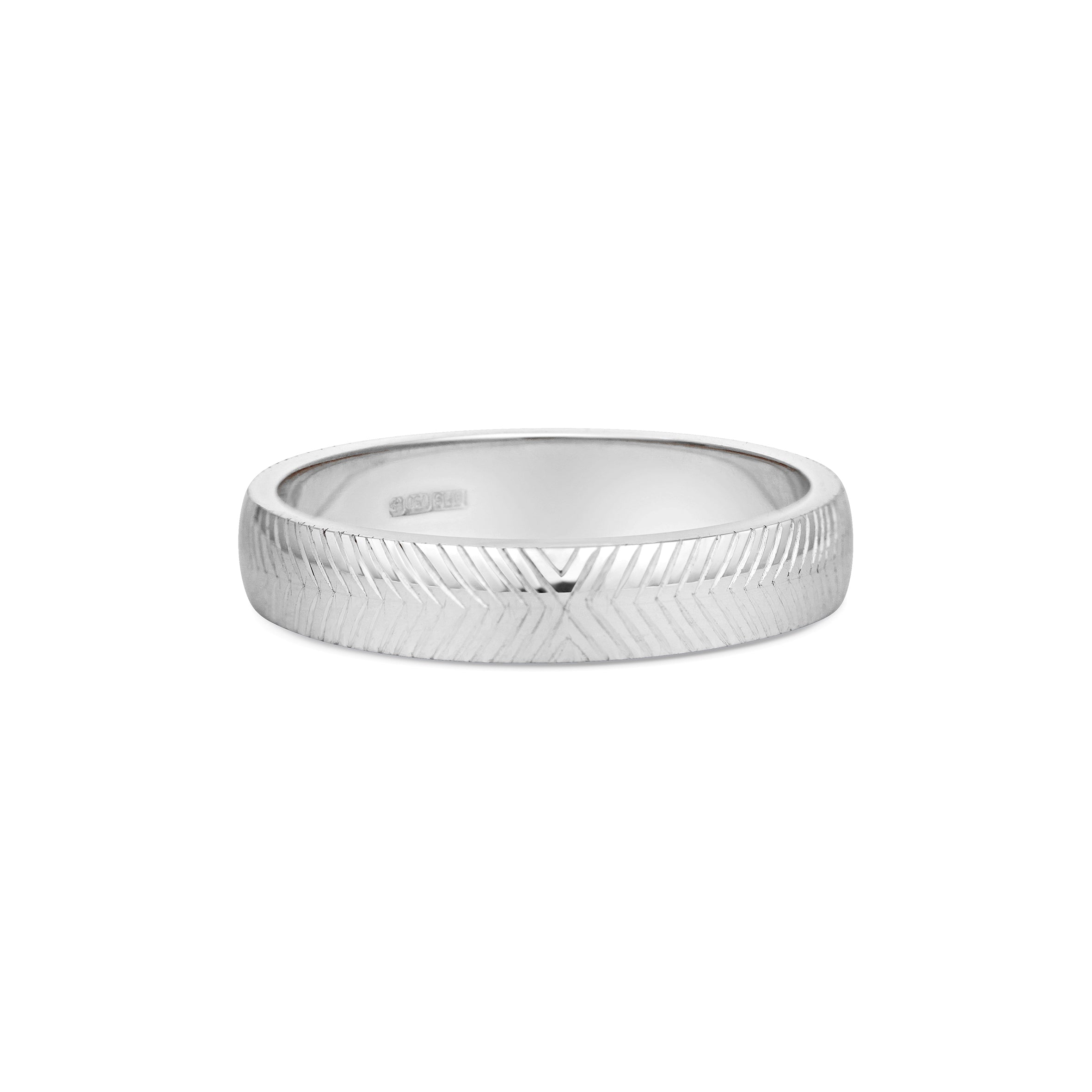 The Engraved Chevron D Shaped Band - 4mm by East London jeweller Rachel Boston | Discover our collections of unique and timeless engagement rings, wedding rings, and modern fine jewellery.