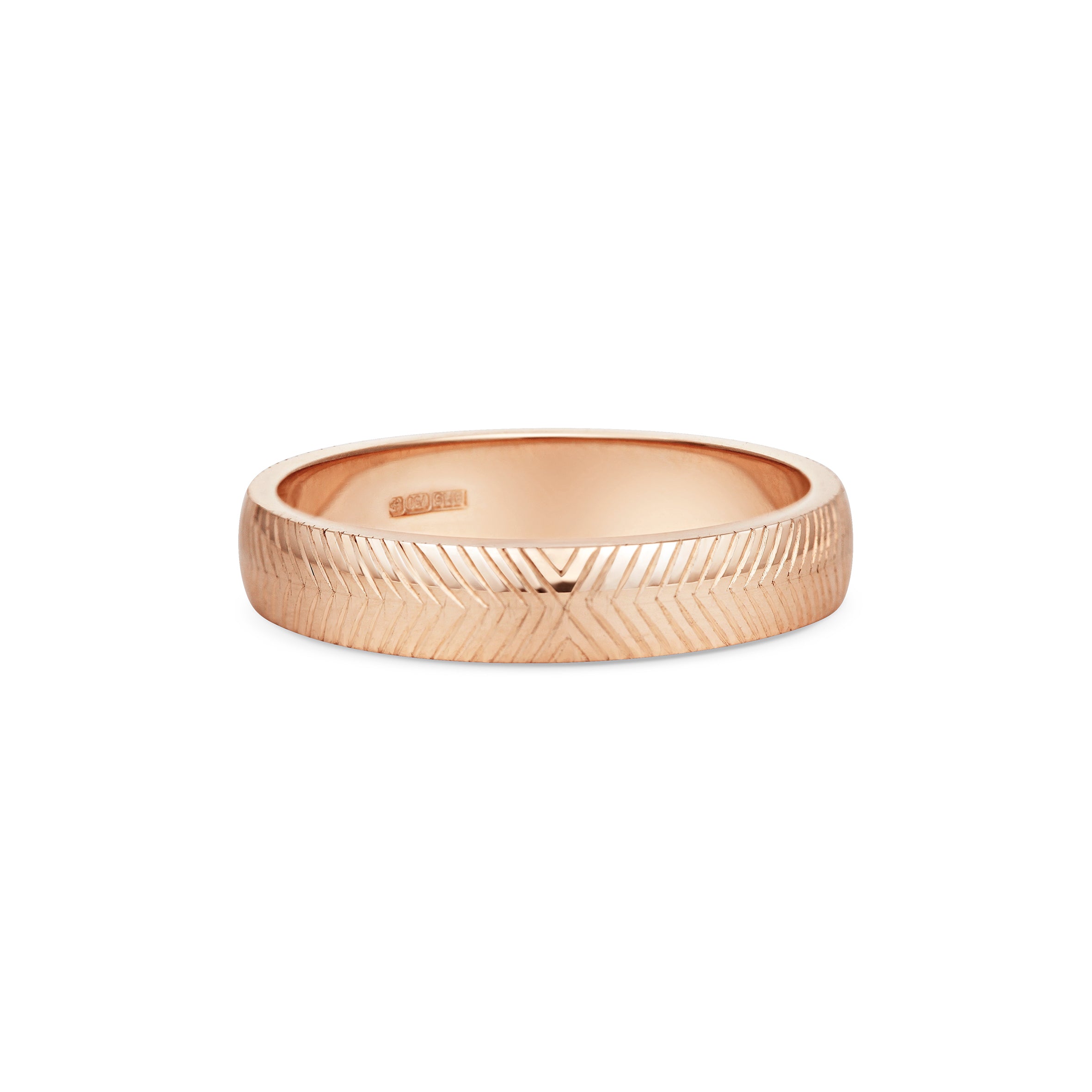 The Engraved Chevron D Shaped Band - 4mm by East London jeweller Rachel Boston | Discover our collections of unique and timeless engagement rings, wedding rings, and modern fine jewellery.