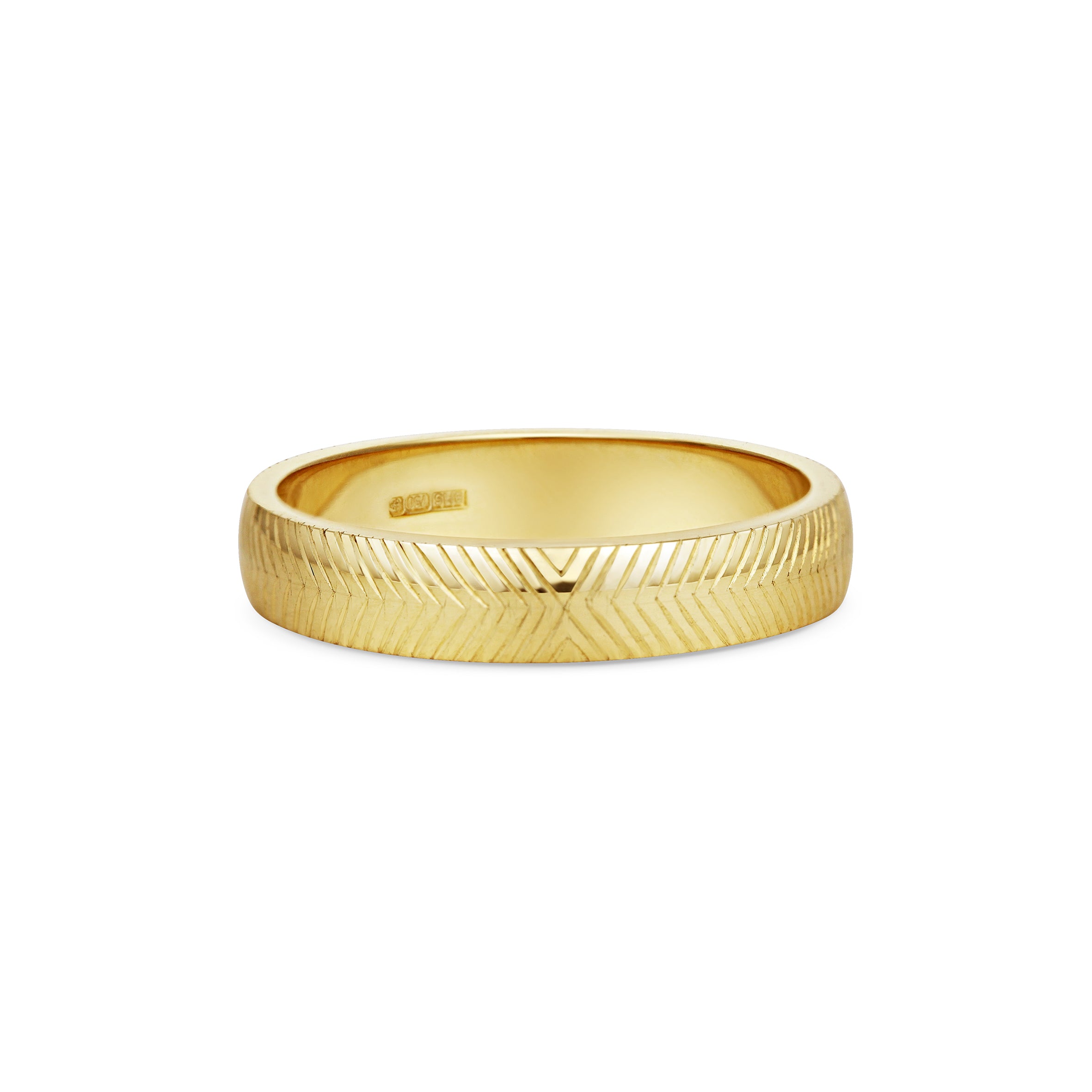 The Engraved Chevron D Shaped Band - 4mm by East London jeweller Rachel Boston | Discover our collections of unique and timeless engagement rings, wedding rings, and modern fine jewellery.