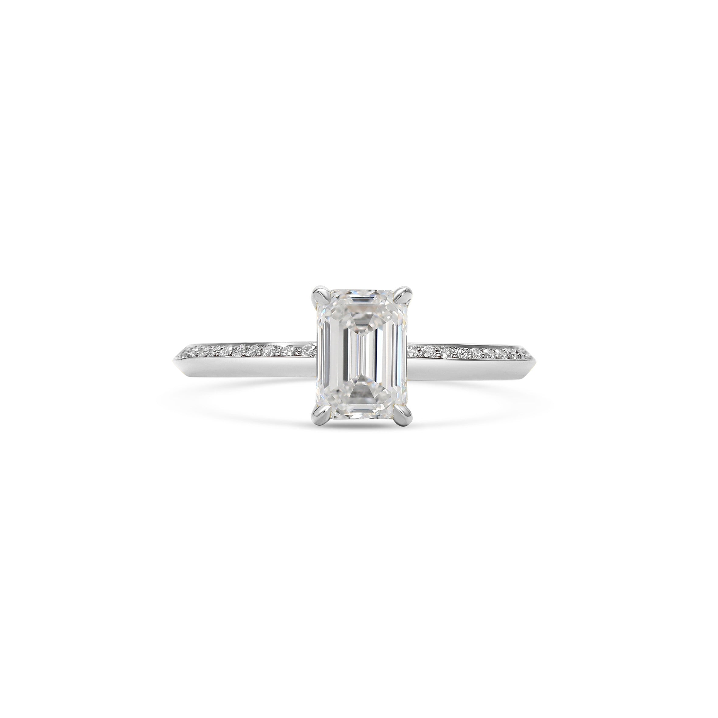 The Grace with Diamonds Ring - Emerald Cut by East London jeweller Rachel Boston | Discover our collections of unique and timeless engagement rings, wedding rings, and modern fine jewellery.