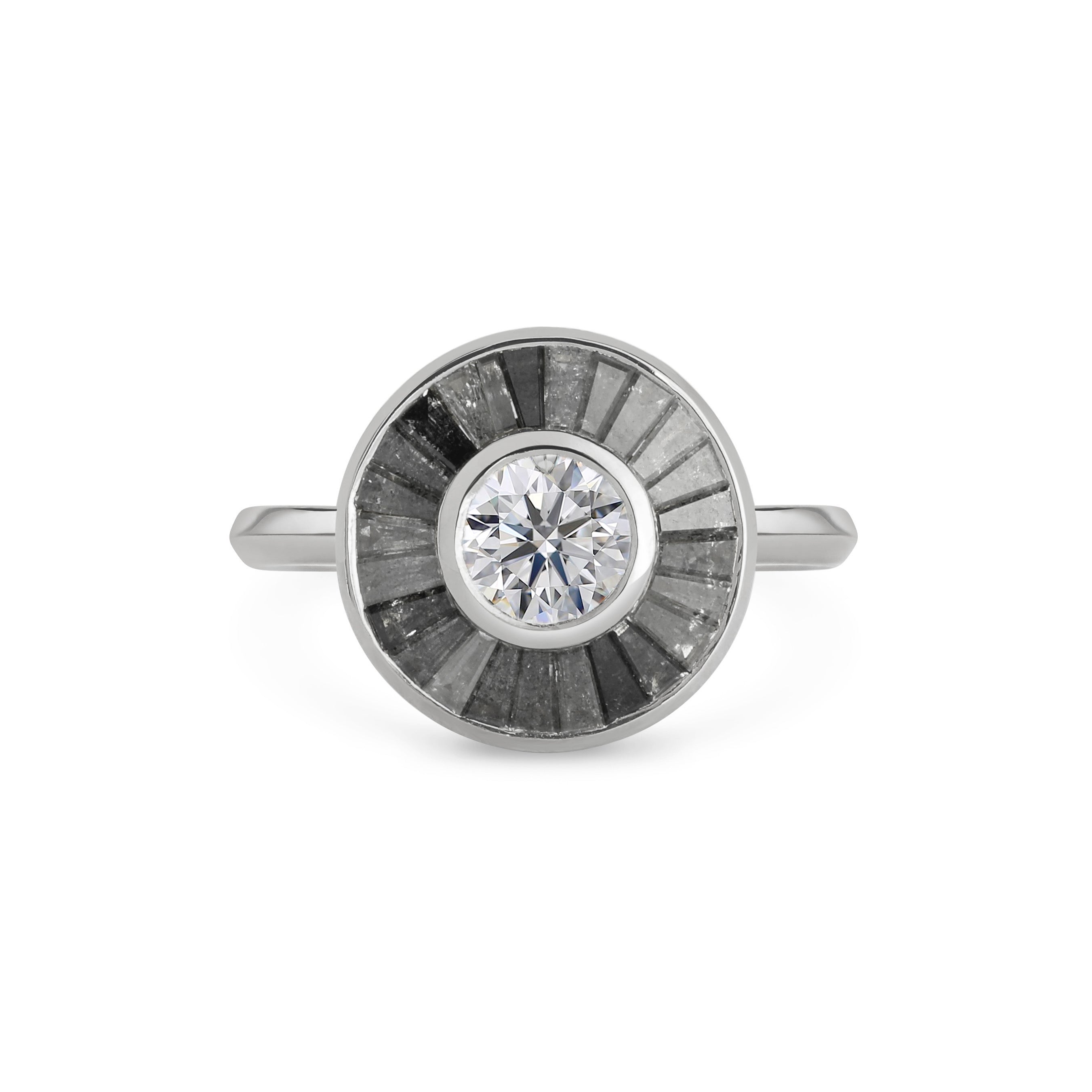 The Grey Halo Engagement Ring by East London jeweller Rachel Boston | Discover our collections of unique and timeless engagement rings, wedding rings, and modern fine jewellery.