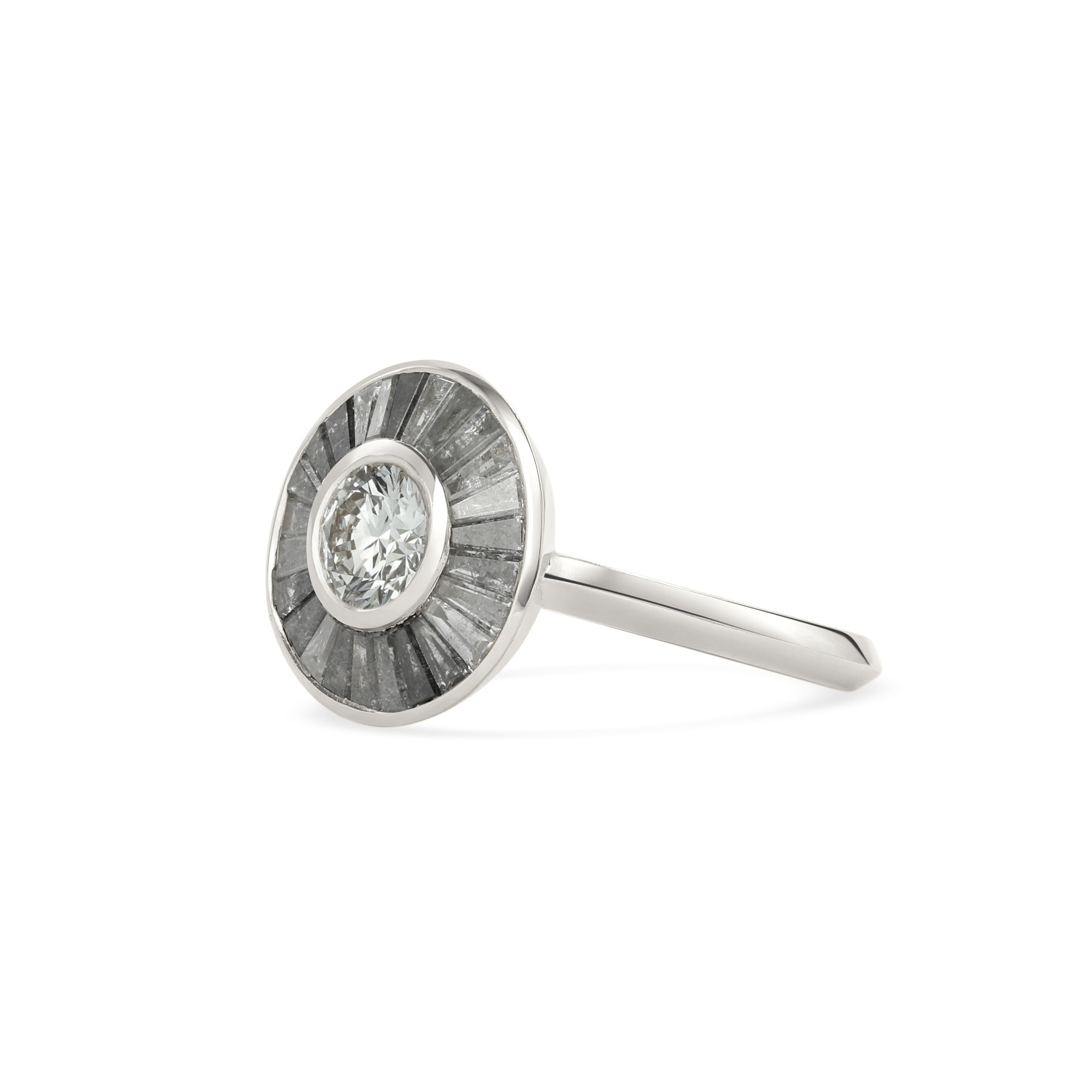 The Grey Halo Engagement Ring by East London jeweller Rachel Boston | Discover our collections of unique and timeless engagement rings, wedding rings, and modern fine jewellery.