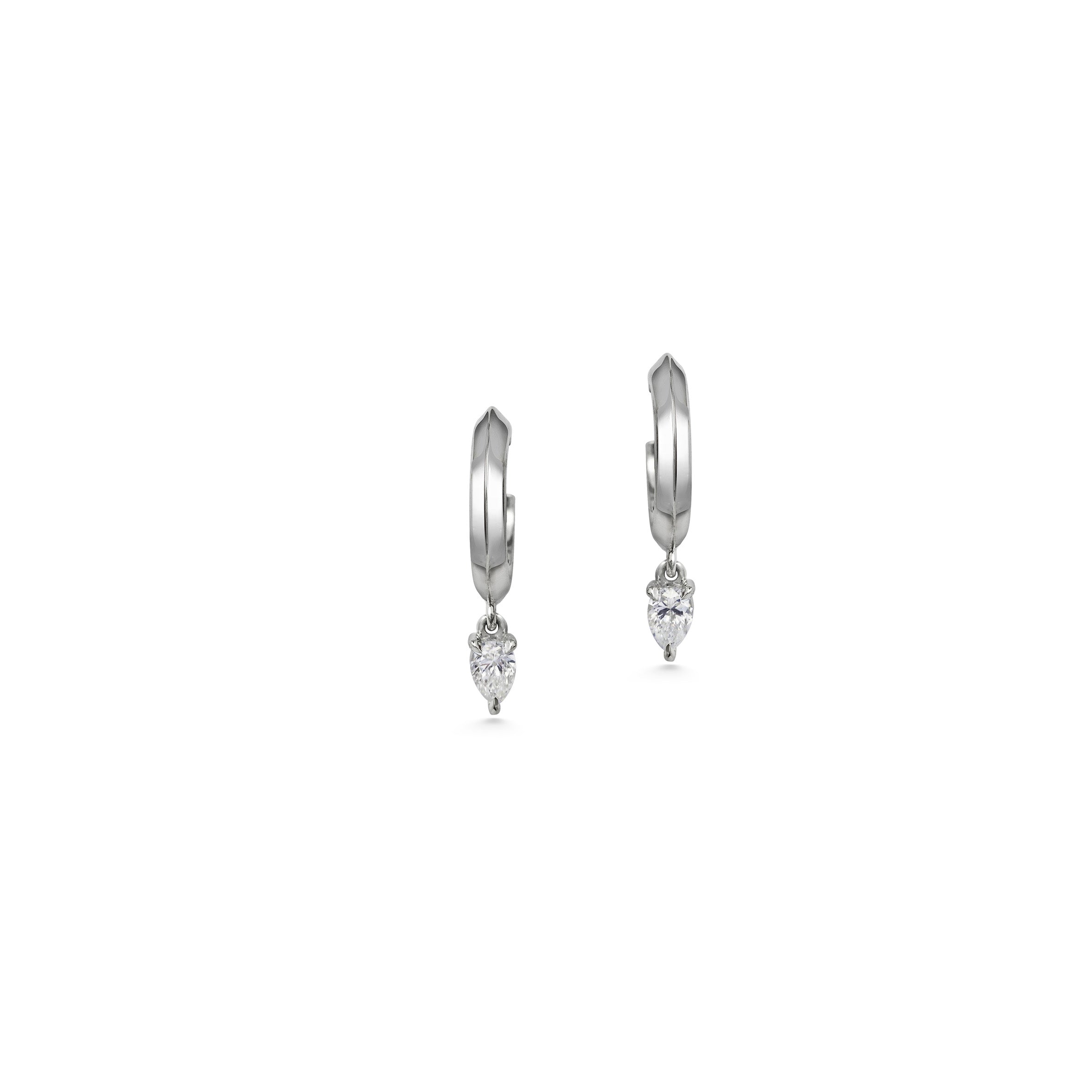 The Knife Edge Hoop Earrings with Pear Diamonds by East London jeweller Rachel Boston | Discover our collections of unique and timeless engagement rings, wedding rings, and modern fine jewellery.