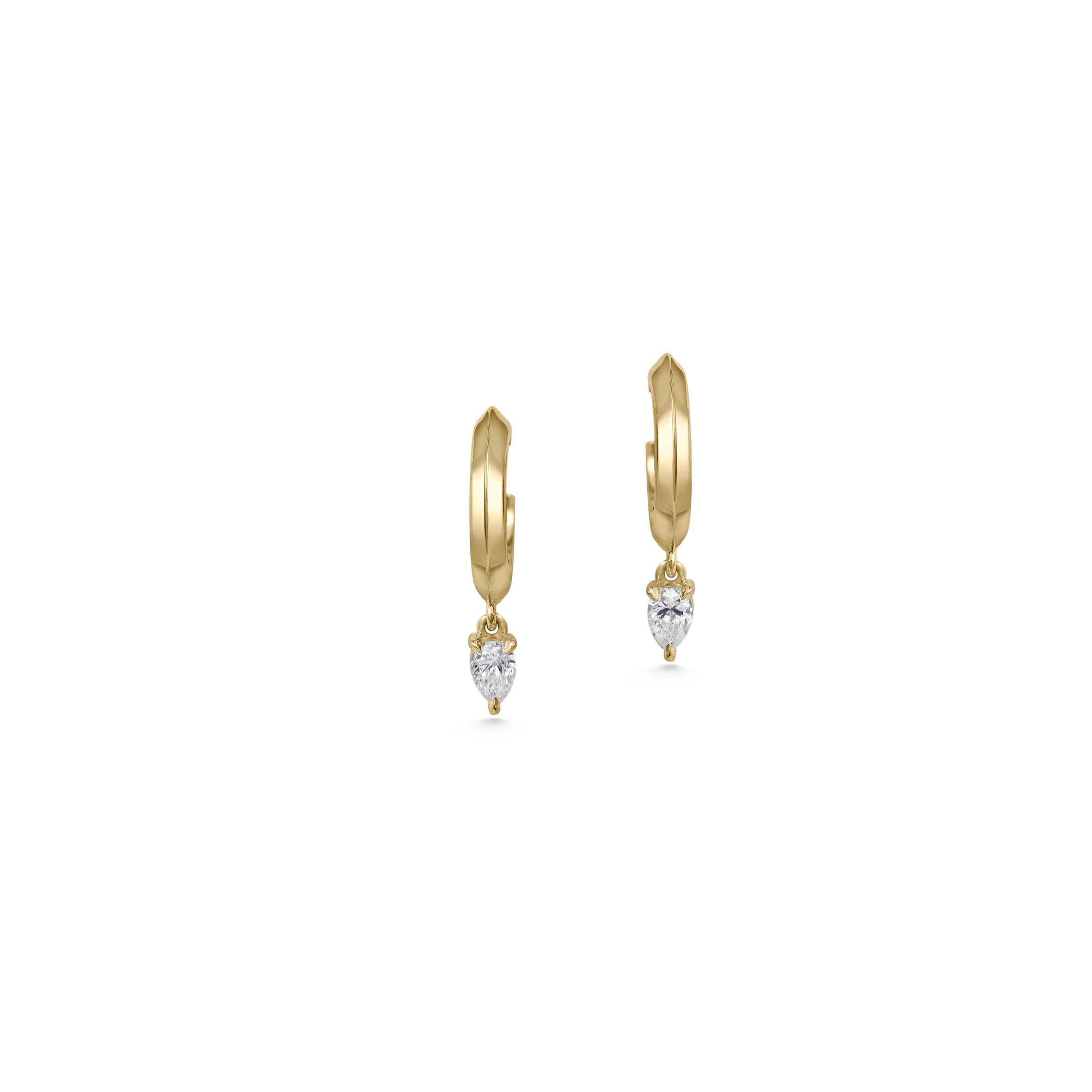 The Knife Edge Hoop Earrings with Pear Diamonds by East London jeweller Rachel Boston | Discover our collections of unique and timeless engagement rings, wedding rings, and modern fine jewellery.