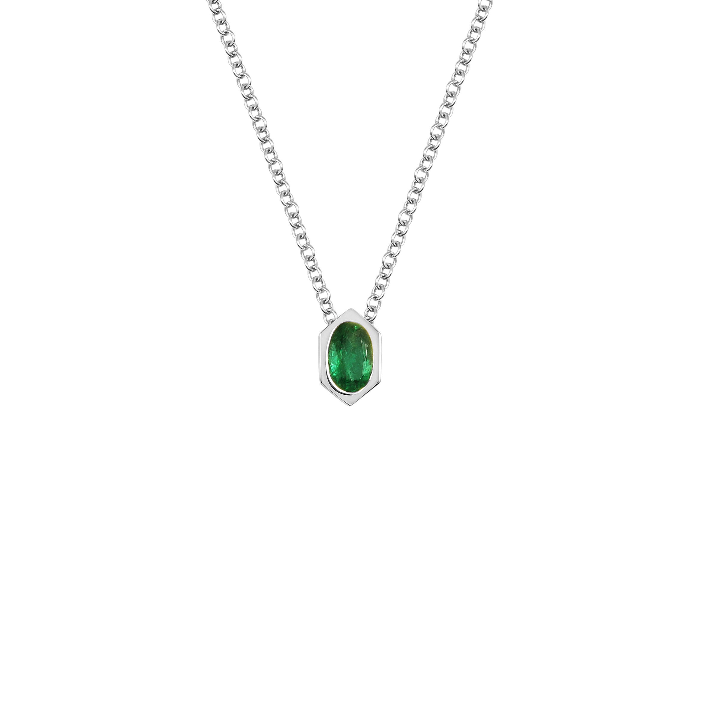 The Oval Emerald Hexagon Necklace by East London jeweller Rachel Boston | Discover our collections of unique and timeless engagement rings, wedding rings, and modern fine jewellery.