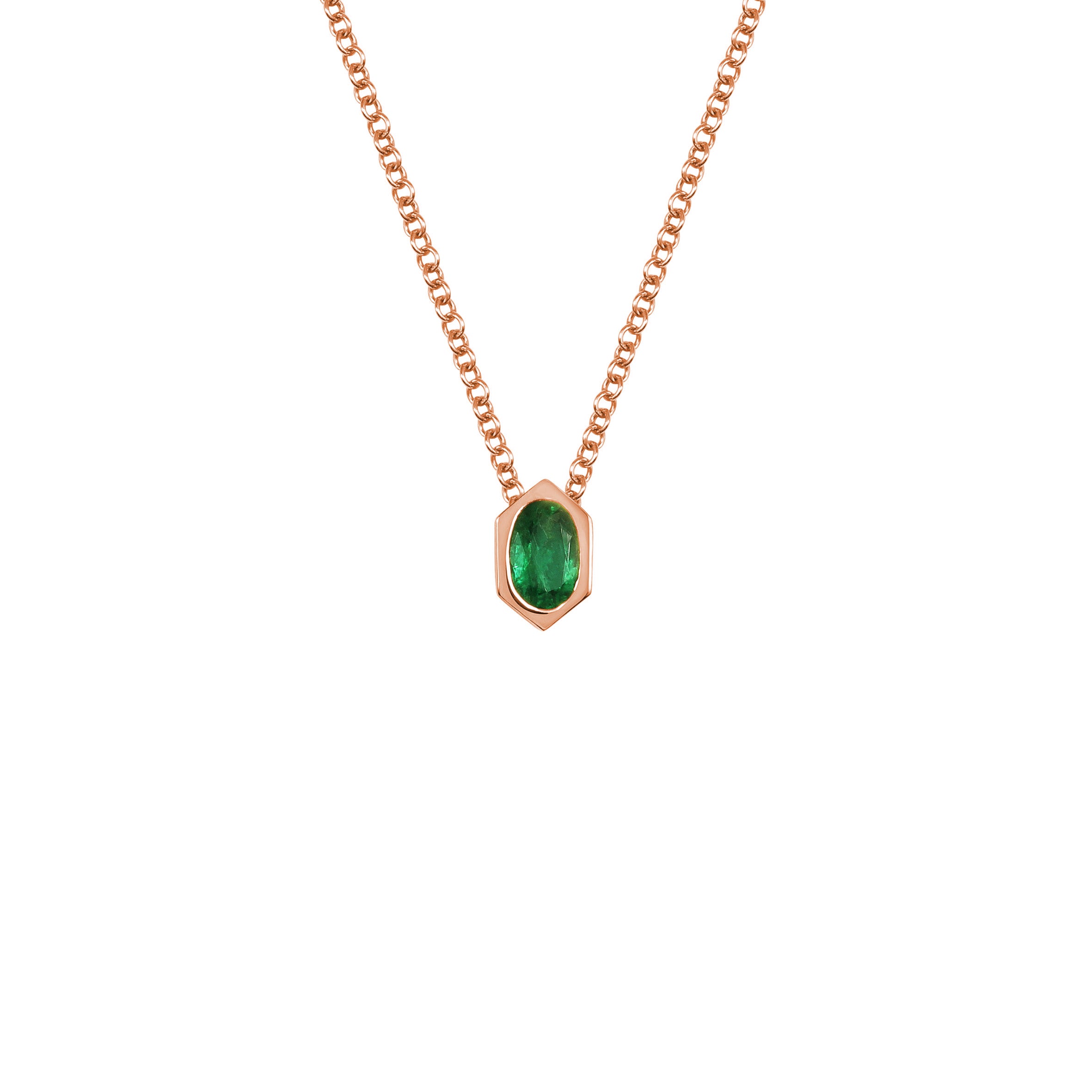 The Oval Emerald Hexagon Necklace by East London jeweller Rachel Boston | Discover our collections of unique and timeless engagement rings, wedding rings, and modern fine jewellery.