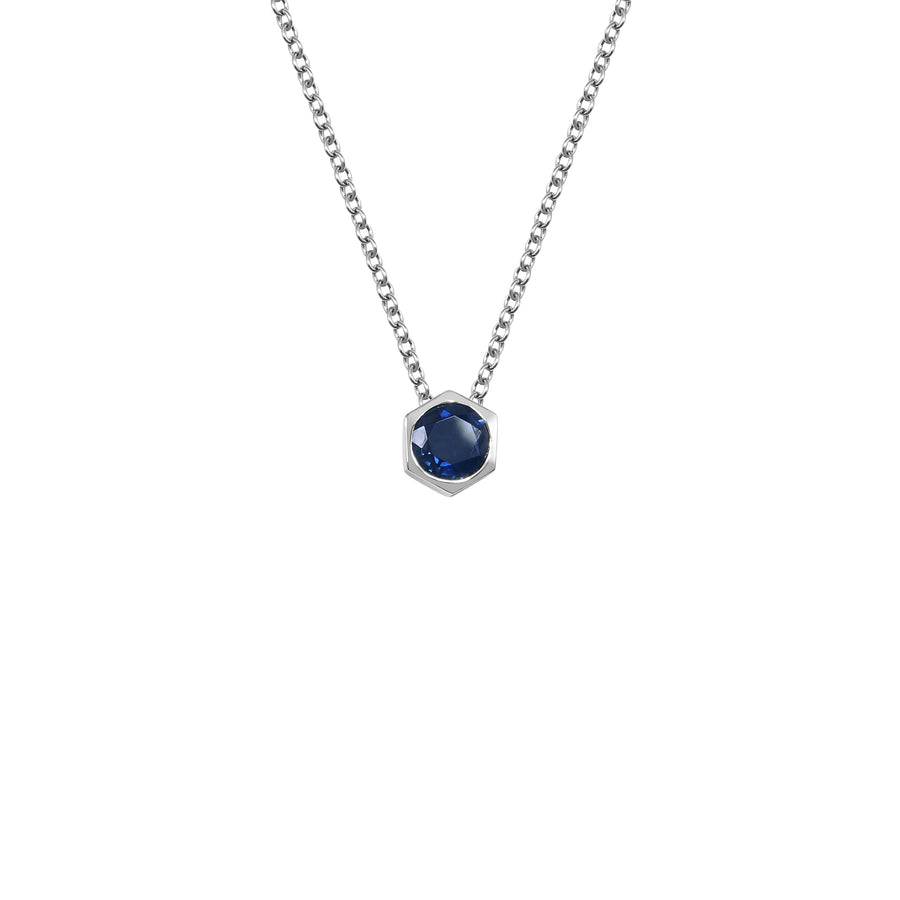 The Round Sapphire Hexagon Necklace by East London jeweller Rachel Boston | Discover our collections of unique and timeless engagement rings, wedding rings, and modern fine jewellery. - Rachel Boston Jewellery