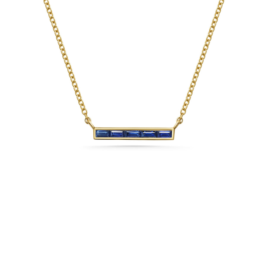The SAPPHIRE BAGUETTE BAR NECKLACE by East London jeweller Rachel Boston | Discover our collections of unique and timeless engagement rings, wedding rings, and modern fine jewellery. - Rachel Boston Jewellery