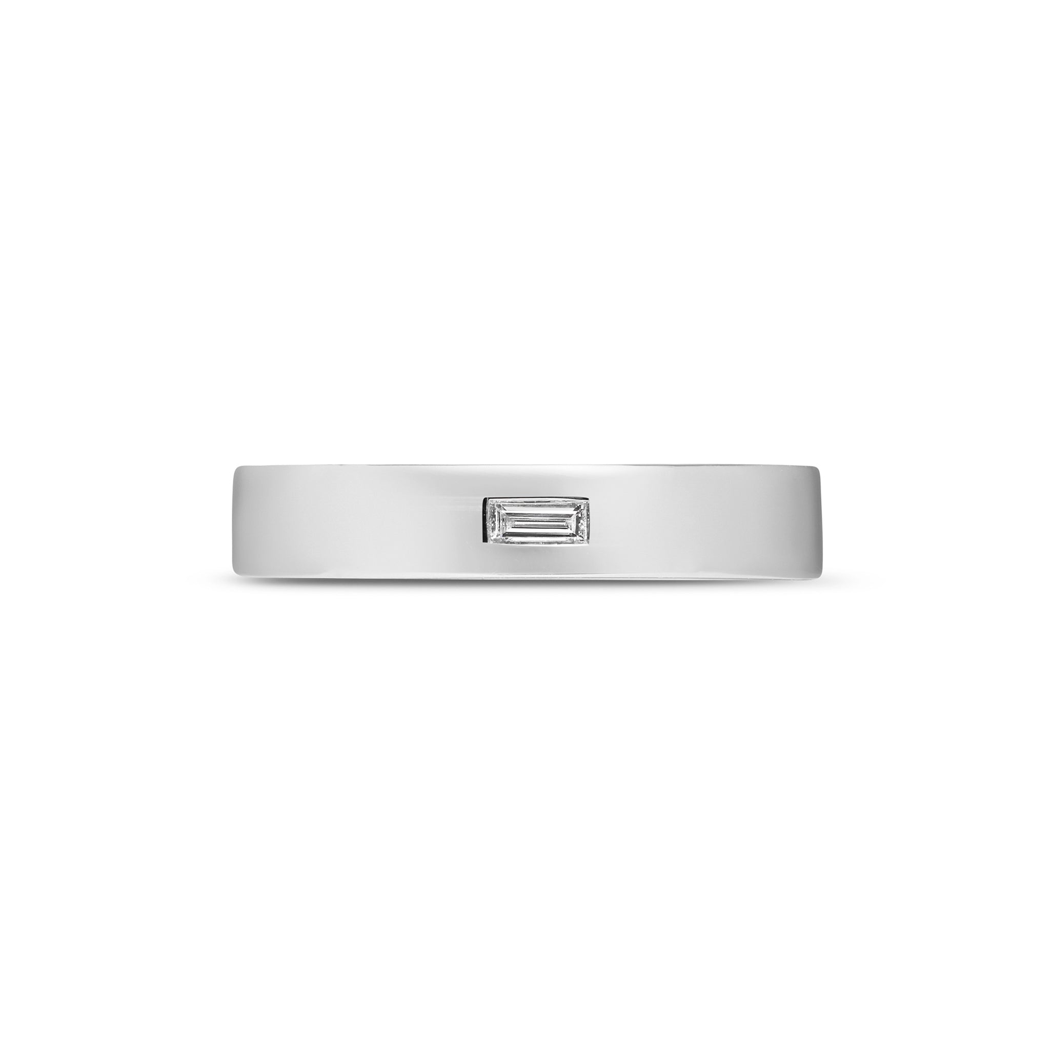 The Single Baguette Diamond Flat Wedding Band - 4mm by East London jeweller Rachel Boston | Discover our collections of unique and timeless engagement rings, wedding rings, and modern fine jewellery.