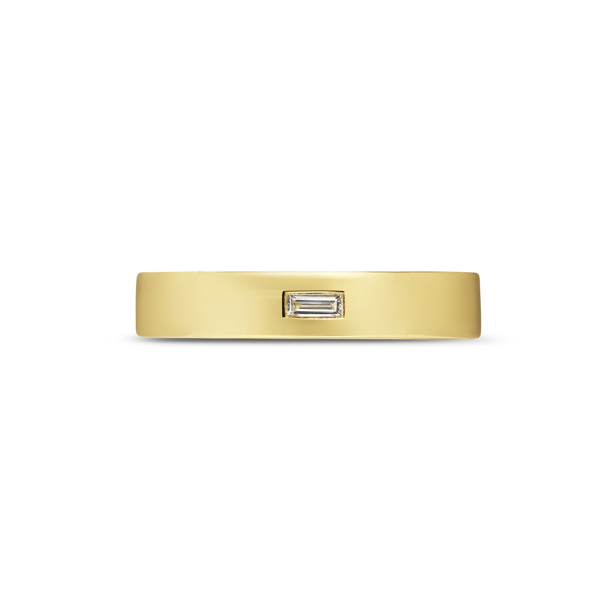 The Single Baguette Diamond Flat Wedding Band - 4mm by East London jeweller Rachel Boston | Discover our collections of unique and timeless engagement rings, wedding rings, and modern fine jewellery.