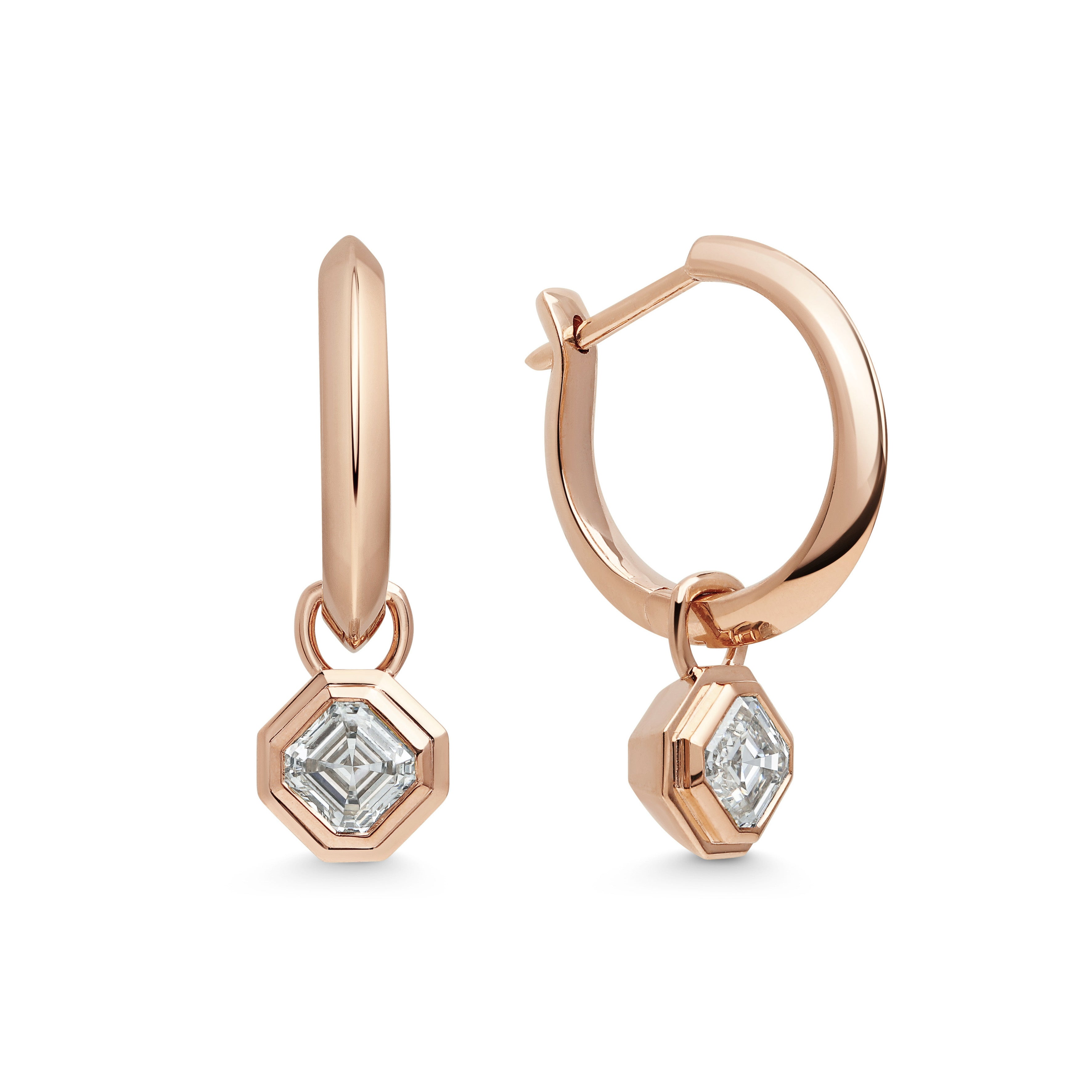 The Knife Edge Hoops with Radiate Droppers - Asscher Cut by East London jeweller Rachel Boston | Discover our collections of unique and timeless engagement rings, wedding rings, and modern fine jewellery.