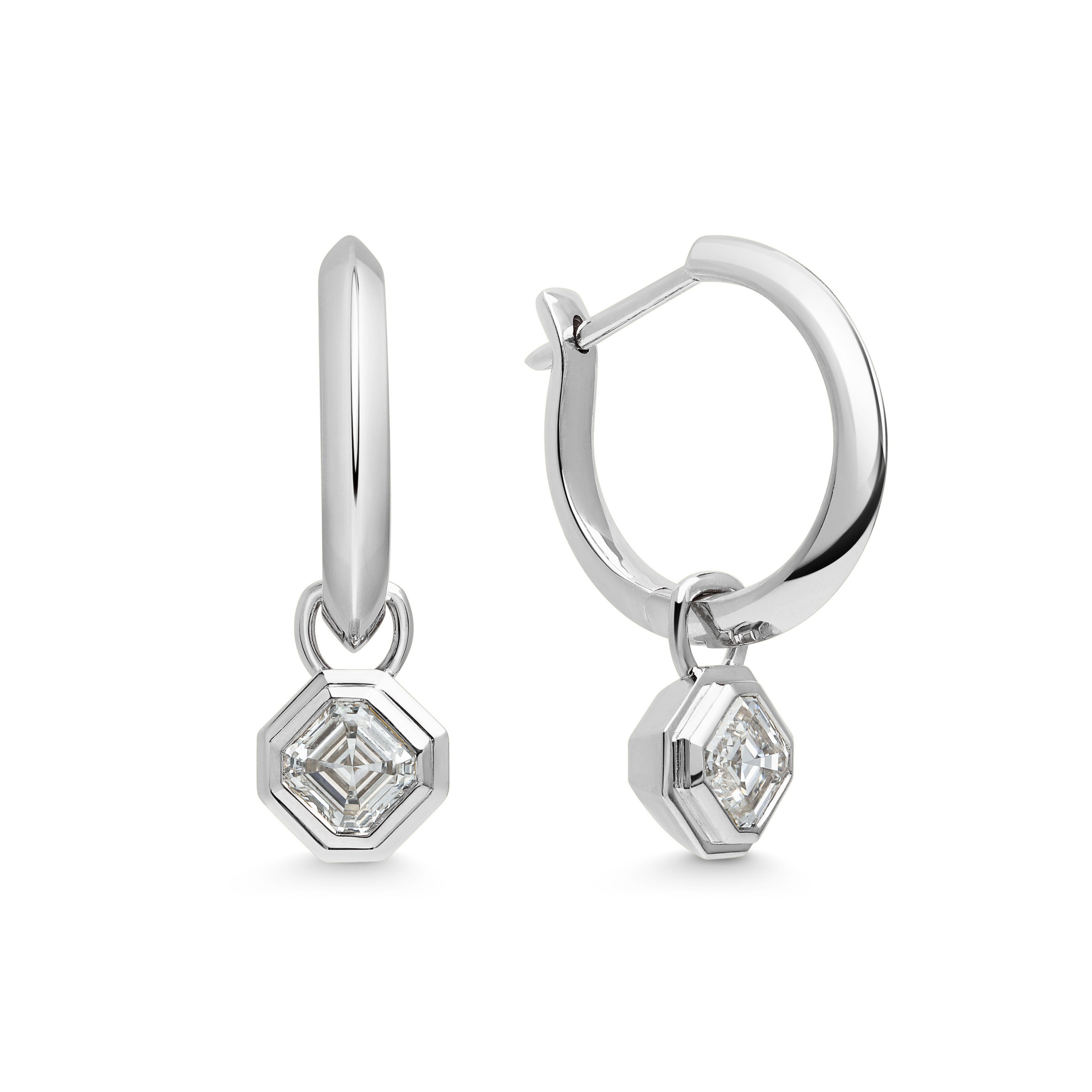 The Knife Edge Hoops with Radiate Droppers - Asscher Cut by East London jeweller Rachel Boston | Discover our collections of unique and timeless engagement rings, wedding rings, and modern fine jewellery.