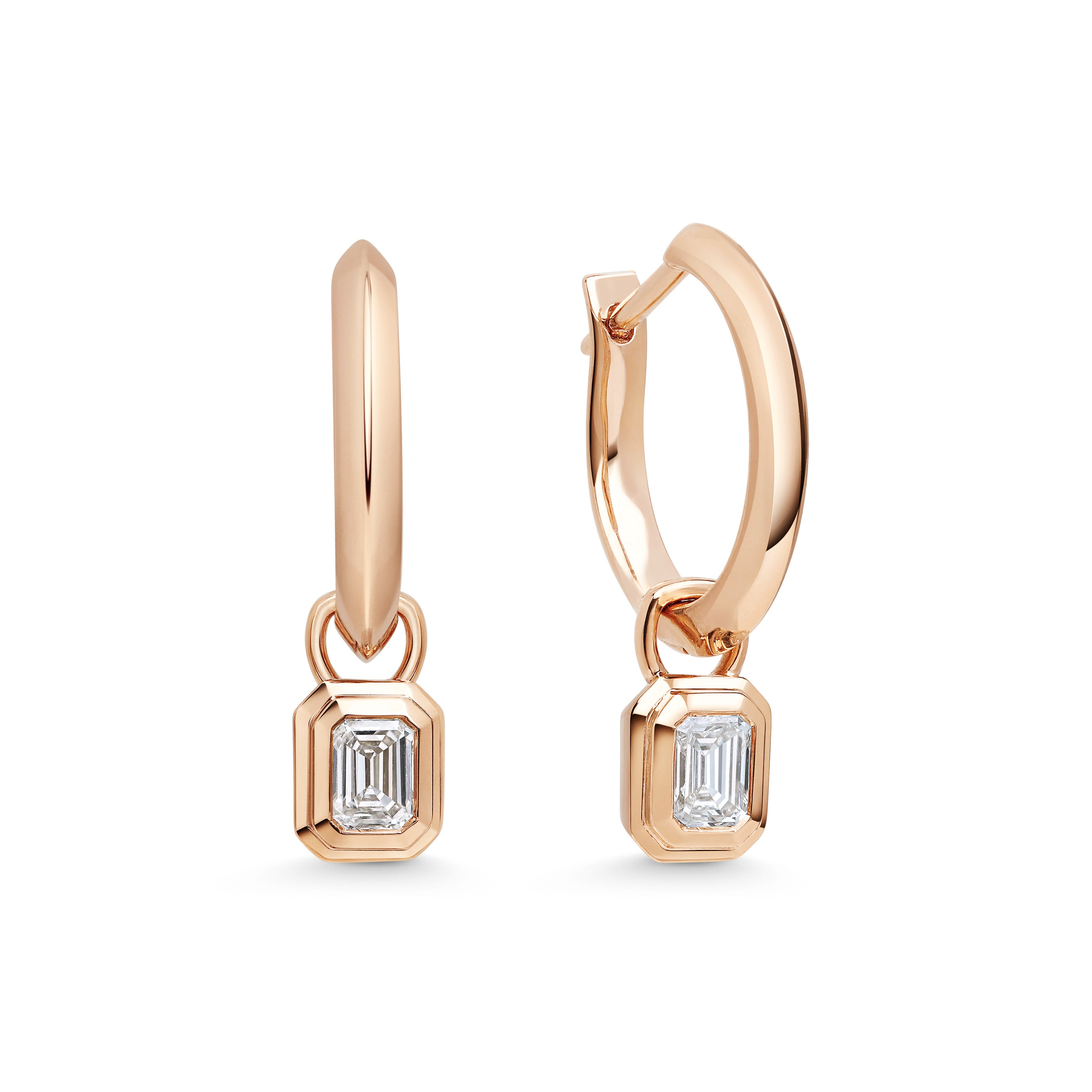 The Knife Edge Hoops with Radiate Droppers - Emerald Cut by East London jeweller Rachel Boston | Discover our collections of unique and timeless engagement rings, wedding rings, and modern fine jewellery.