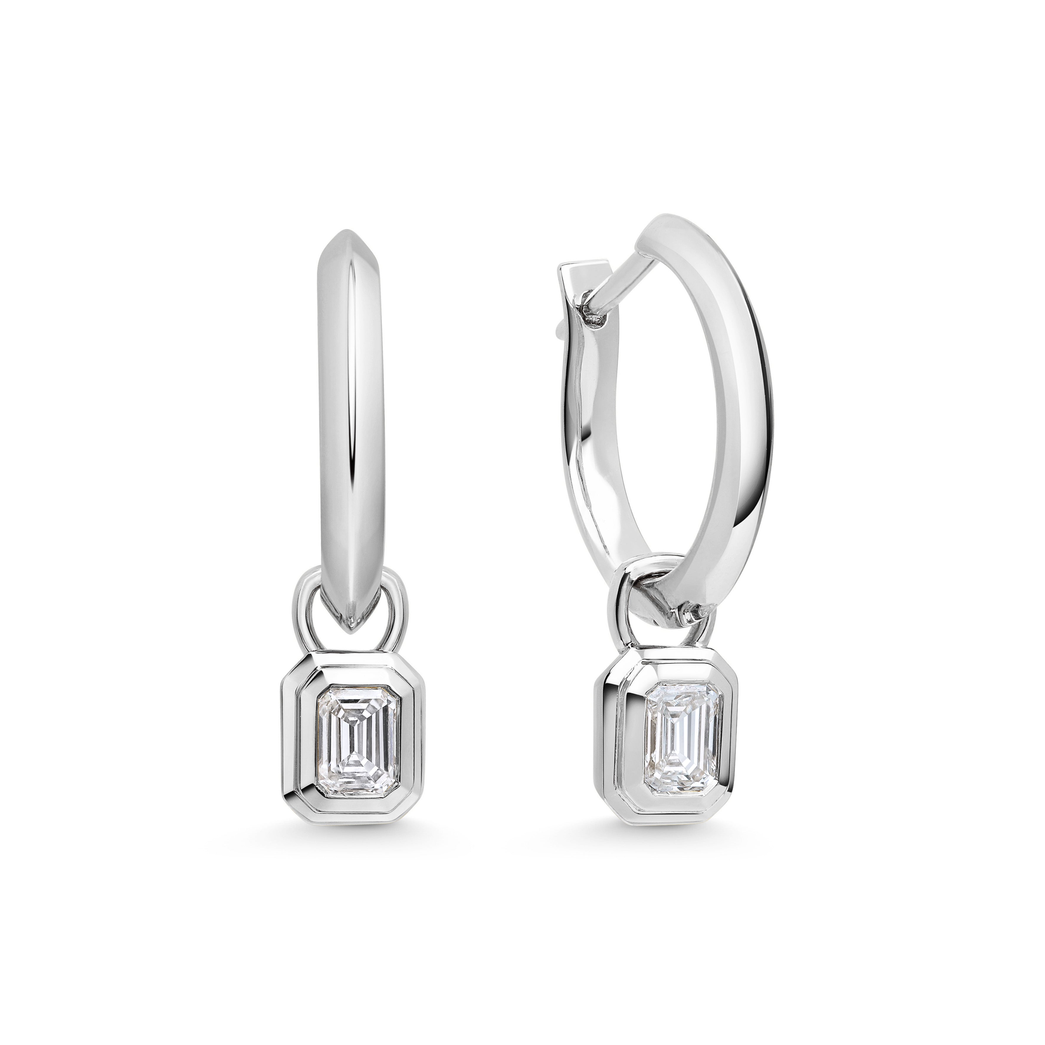 The Knife Edge Hoops with Radiate Droppers - Emerald Cut by East London jeweller Rachel Boston | Discover our collections of unique and timeless engagement rings, wedding rings, and modern fine jewellery.