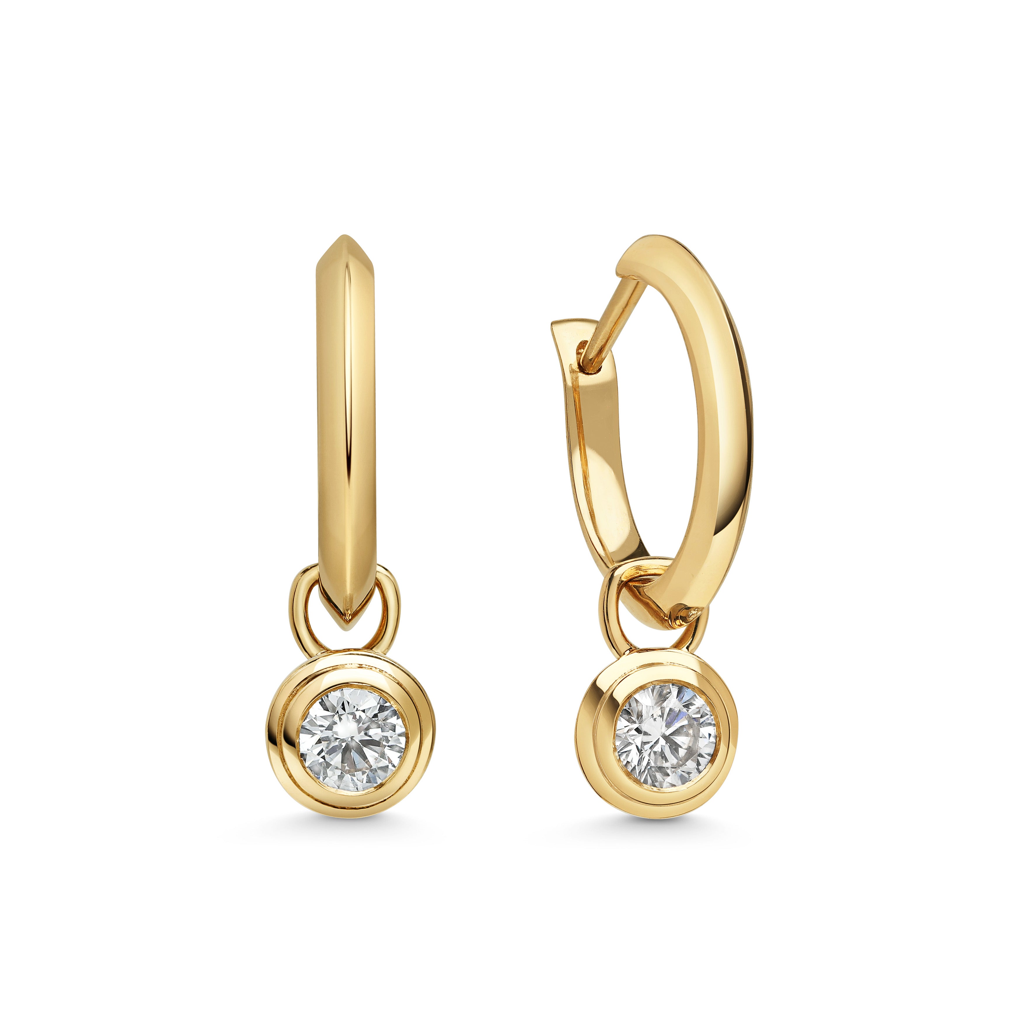 The KNIFE EDGE HOOPS WITH RADIATE DROPPERS - ROUND CUT by East London jeweller Rachel Boston | Discover our collections of unique and timeless engagement rings, wedding rings, and modern fine jewellery.