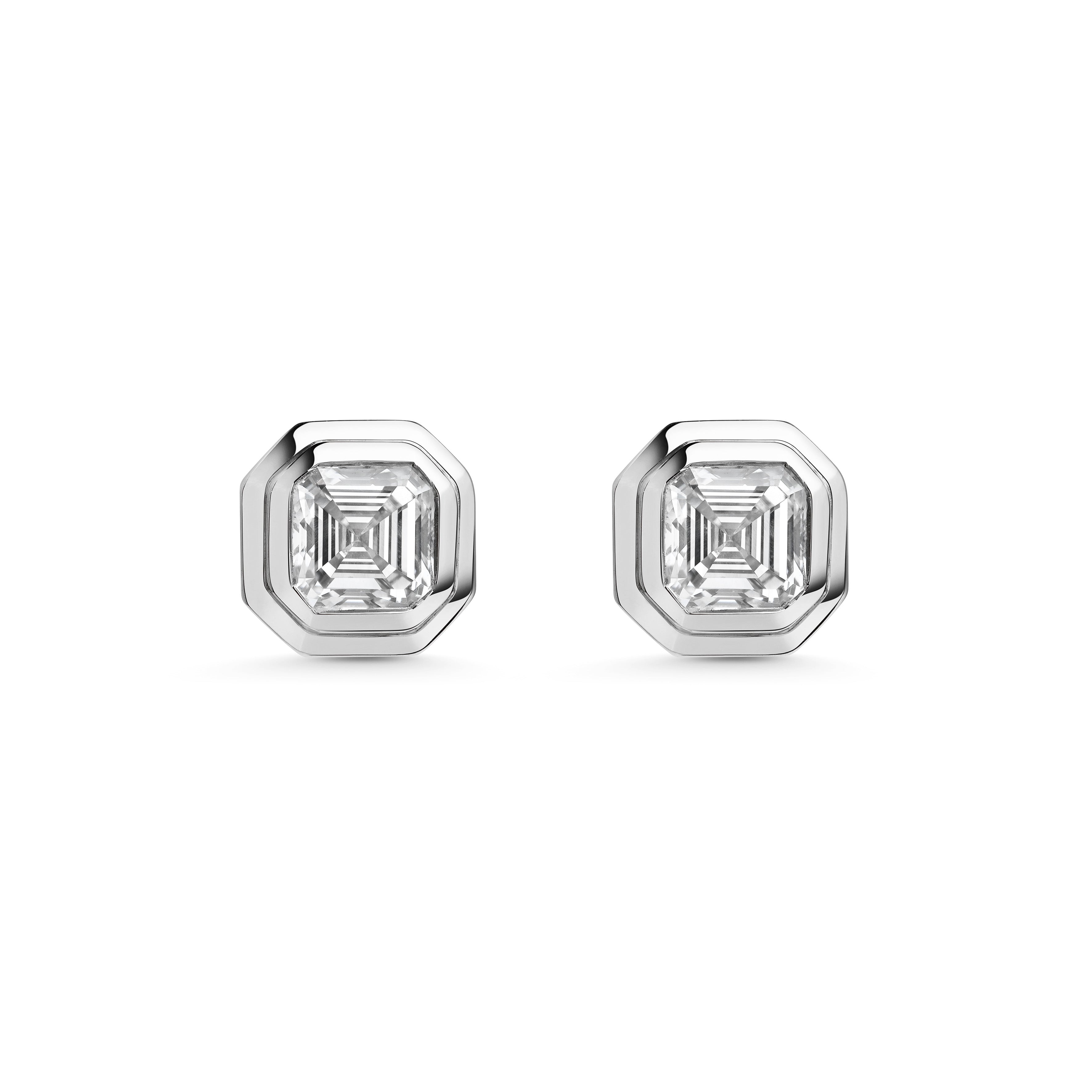 The Radiate Studs - Asscher Cut by East London jeweller Rachel Boston | Discover our collections of unique and timeless engagement rings, wedding rings, and modern fine jewellery.