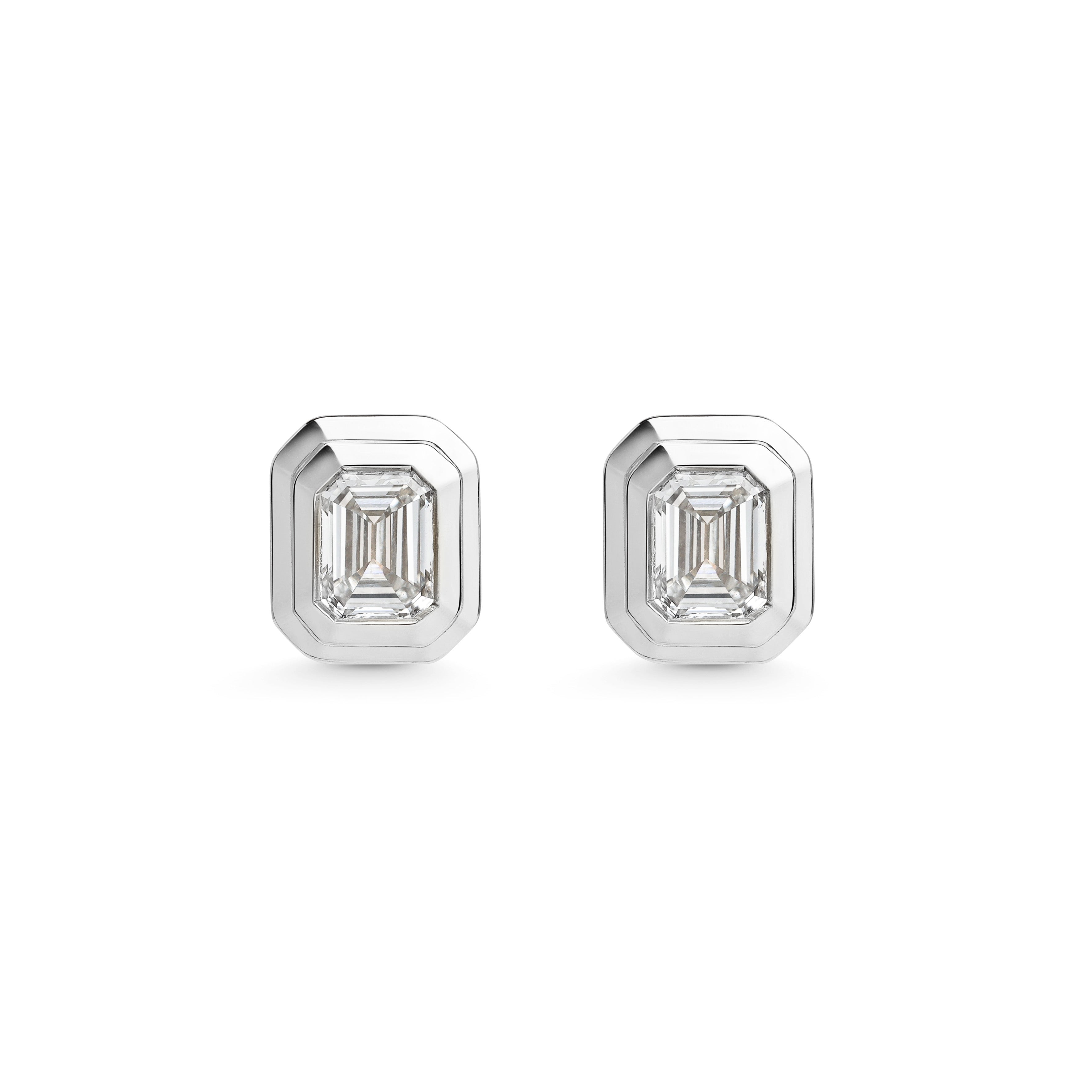The Radiate Studs - Emerald Cut by East London jeweller Rachel Boston | Discover our collections of unique and timeless engagement rings, wedding rings, and modern fine jewellery.