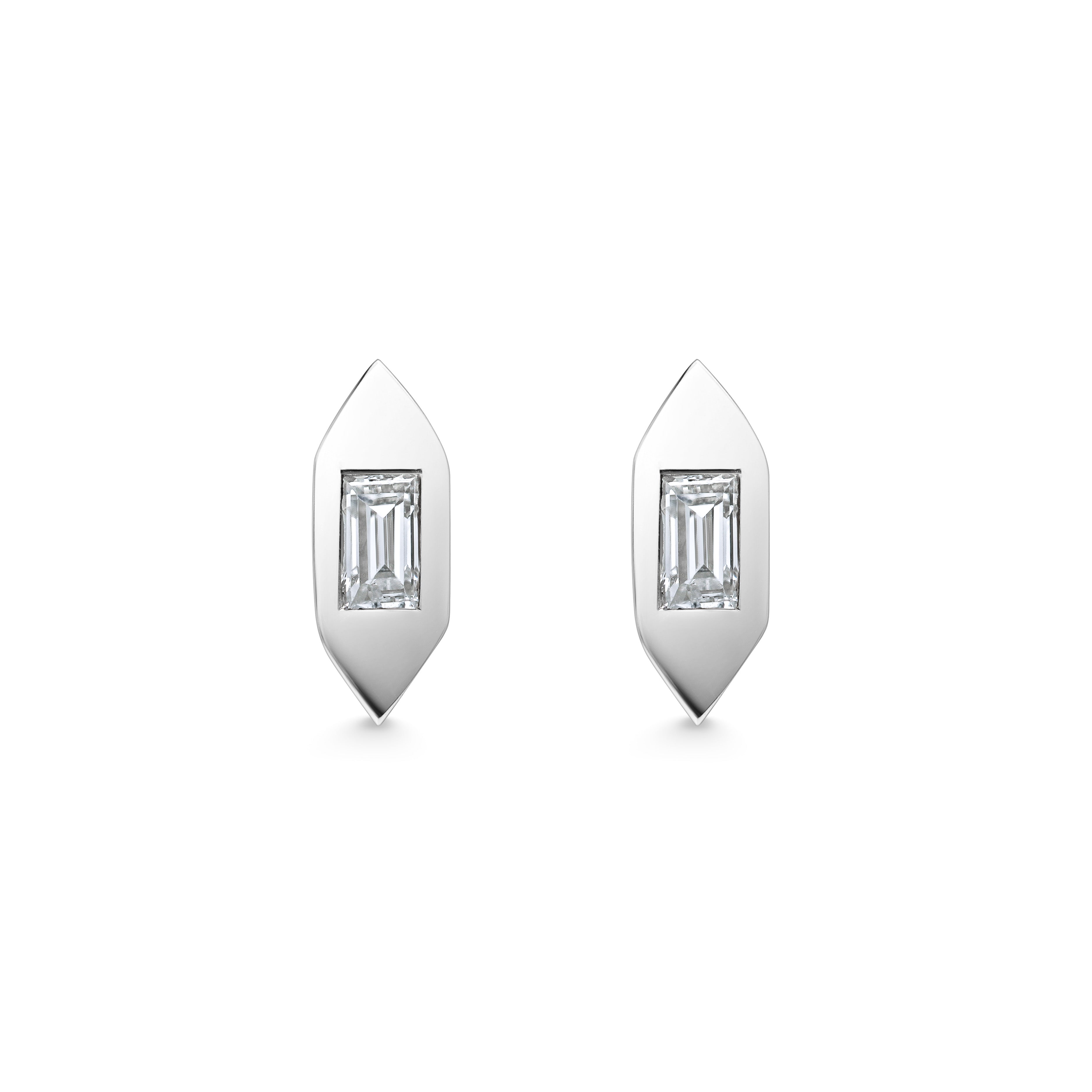 The Single Baguette Deco Earrings by East London jeweller Rachel Boston | Discover our collections of unique and timeless engagement rings, wedding rings, and modern fine jewellery.