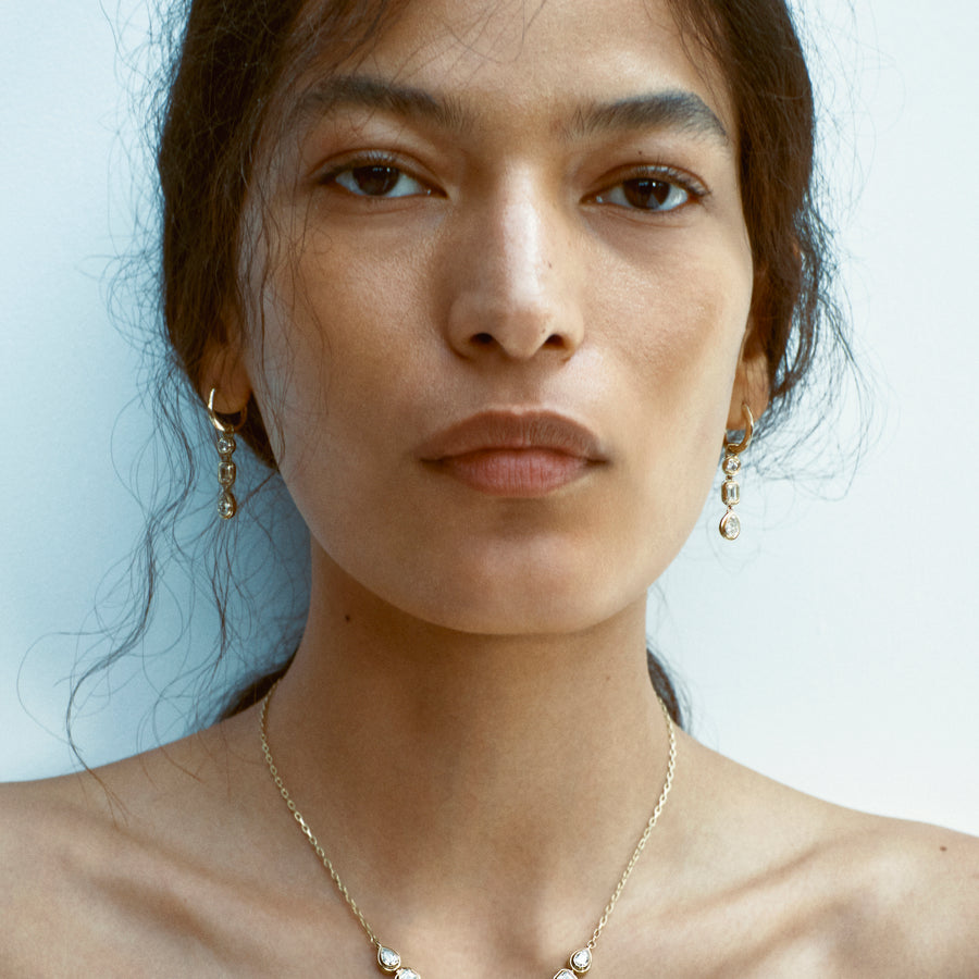 The RIPPLE MIXED DROP EARRINGS by East London jeweller Rachel Boston | Discover our collections of unique and timeless engagement rings, wedding rings, and modern fine jewellery. - Rachel Boston Jewellery