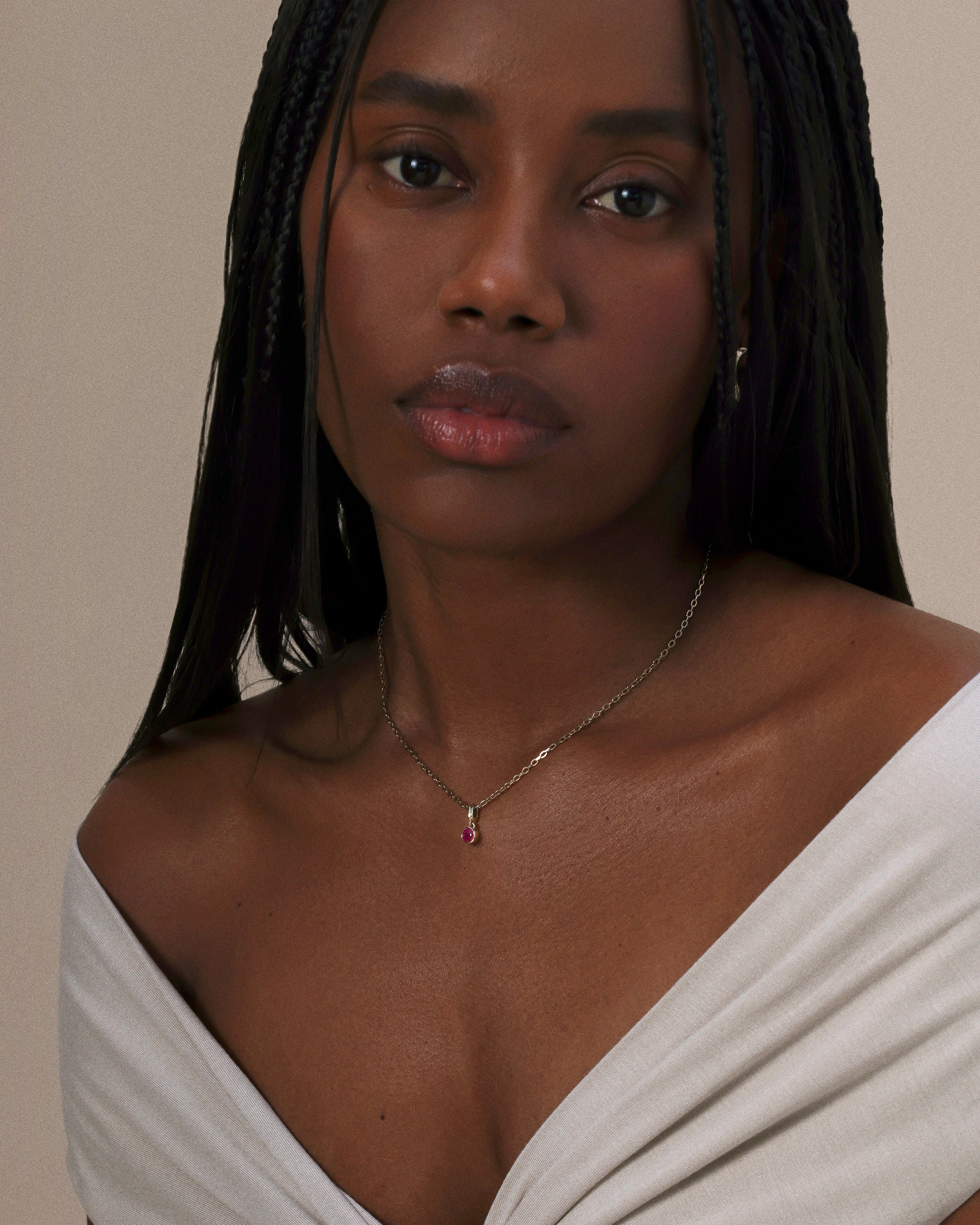 The Large Droplet Ruby Necklace by East London jeweller Rachel Boston | Discover our collections of unique and timeless engagement rings, wedding rings, and modern fine jewellery.