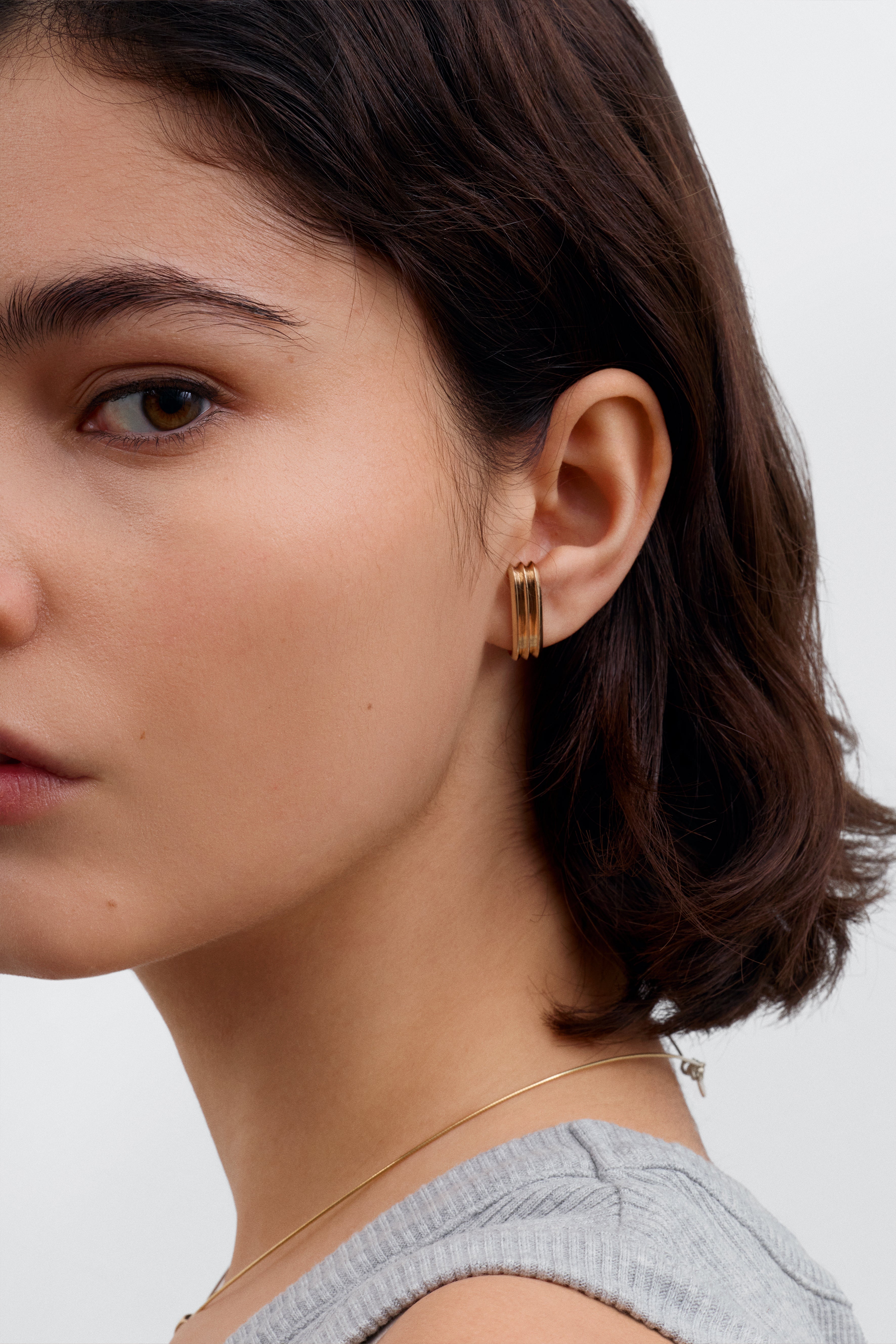 The Line - Triple Earrings by East London jeweller Rachel Boston | Discover our collections of unique and timeless engagement rings, wedding rings, and modern fine jewellery.