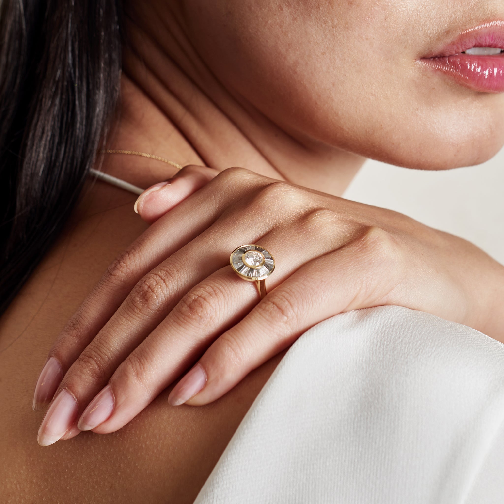 The Grey Halo Engagement Ring by East London jeweller Rachel Boston | Discover our collections of unique and timeless engagement rings, wedding rings, and modern fine jewellery.