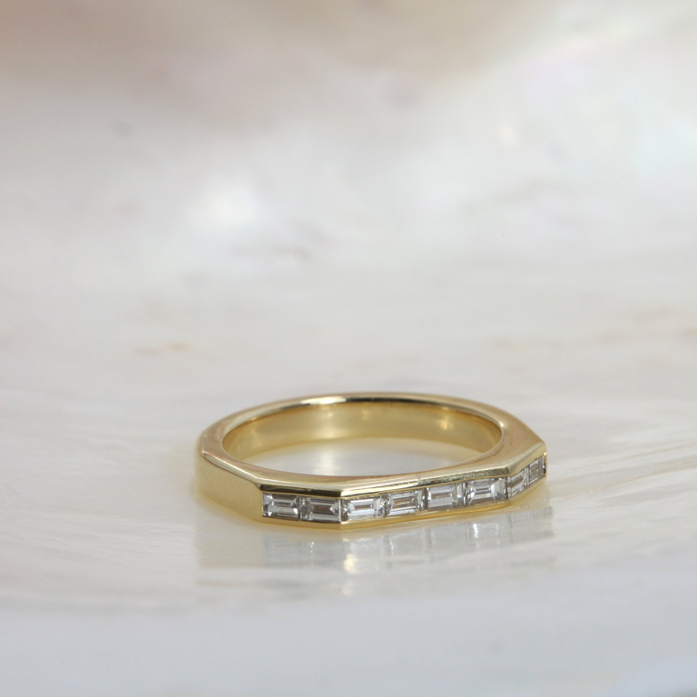 The Baguette Diamond Deco Wedding Band by East London jeweller Rachel Boston | Discover our collections of unique and timeless engagement rings, wedding rings, and modern fine jewellery.