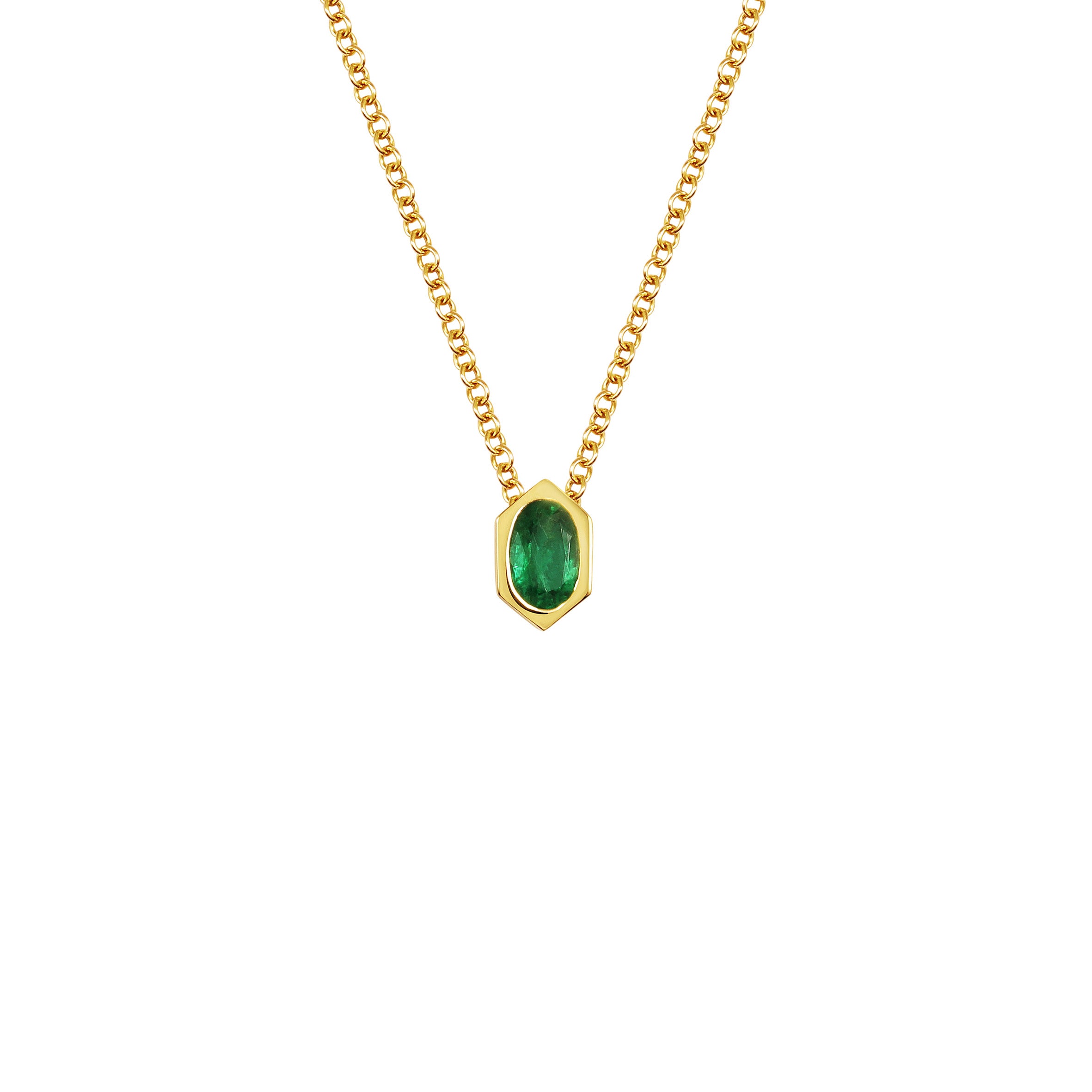 The Oval Emerald Hexagon Necklace by East London jeweller Rachel Boston | Discover our collections of unique and timeless engagement rings, wedding rings, and modern fine jewellery.