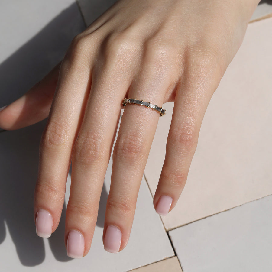 The Claw Baguette Grey Diamond Wedding Band by East London jeweller Rachel Boston | Discover our collections of unique and timeless engagement rings, wedding rings, and modern fine jewellery. - Rachel Boston Jewellery