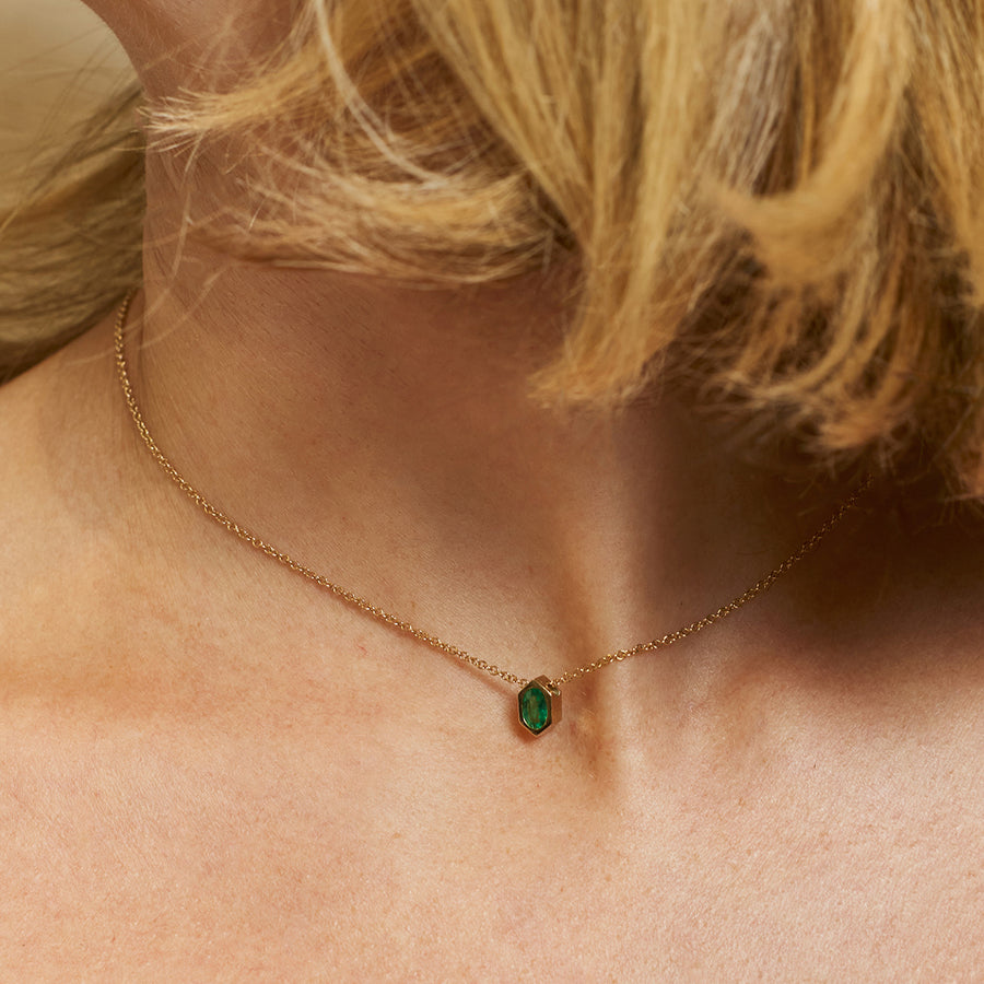 The Oval Emerald Hexagon Necklace by East London jeweller Rachel Boston | Discover our collections of unique and timeless engagement rings, wedding rings, and modern fine jewellery. - Rachel Boston Jewellery