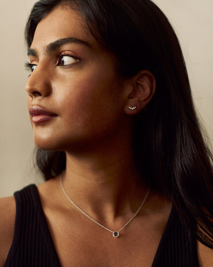 The Round Sapphire Hexagon Necklace by East London jeweller Rachel Boston | Discover our collections of unique and timeless engagement rings, wedding rings, and modern fine jewellery. - Rachel Boston Jewellery