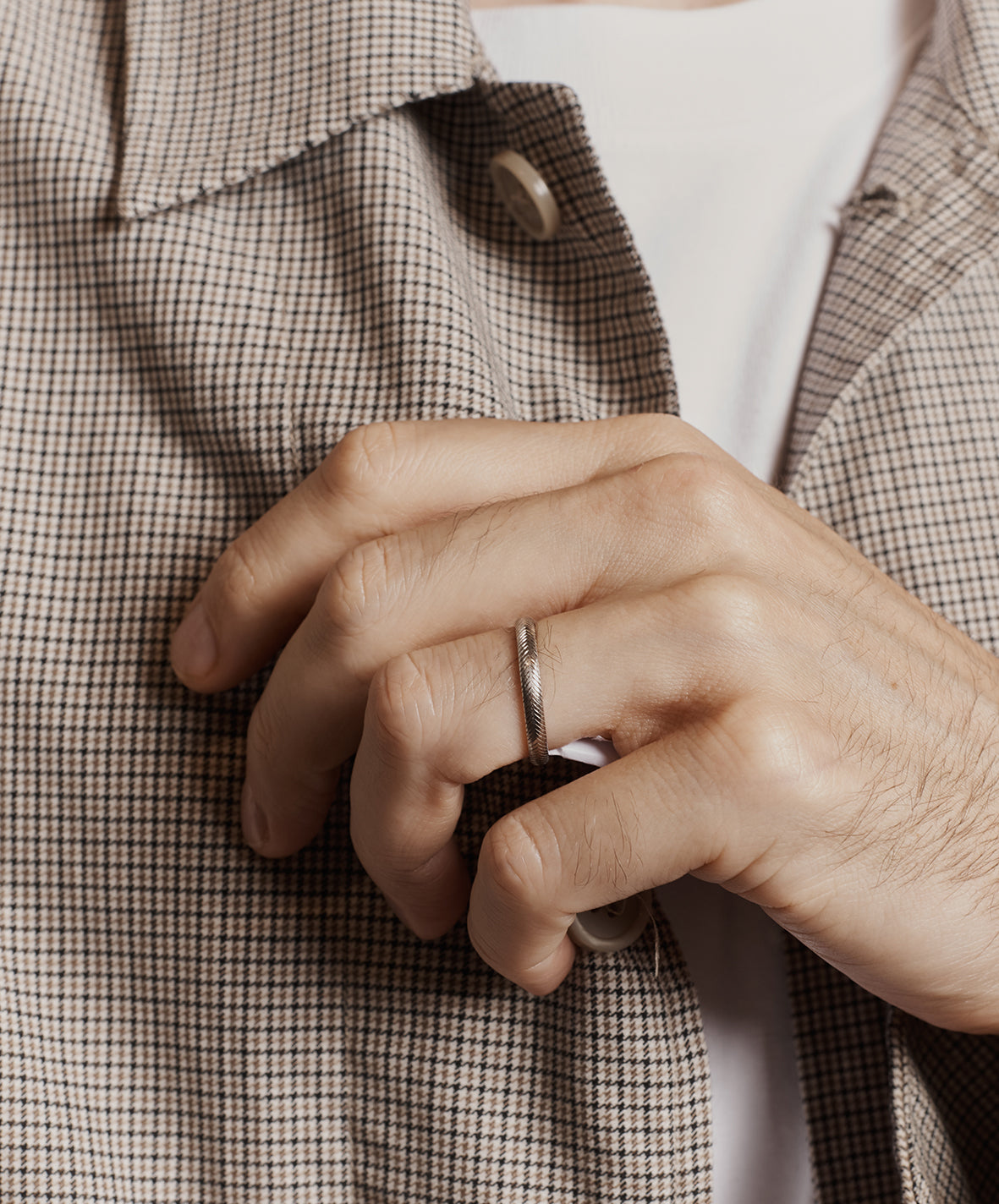 The Engraved Chevron D Shaped Band - 3mm by East London jeweller Rachel Boston | Discover our collections of unique and timeless engagement rings, wedding rings, and modern fine jewellery.