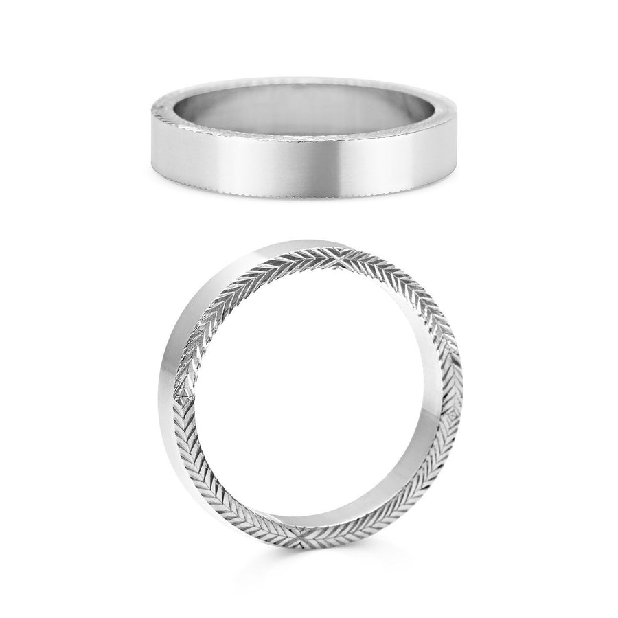 The Engraved Chevron on Side - 4mm by East London jeweller Rachel Boston | Discover our collections of unique and timeless engagement rings, wedding rings, and modern fine jewellery. - Rachel Boston Jewellery
