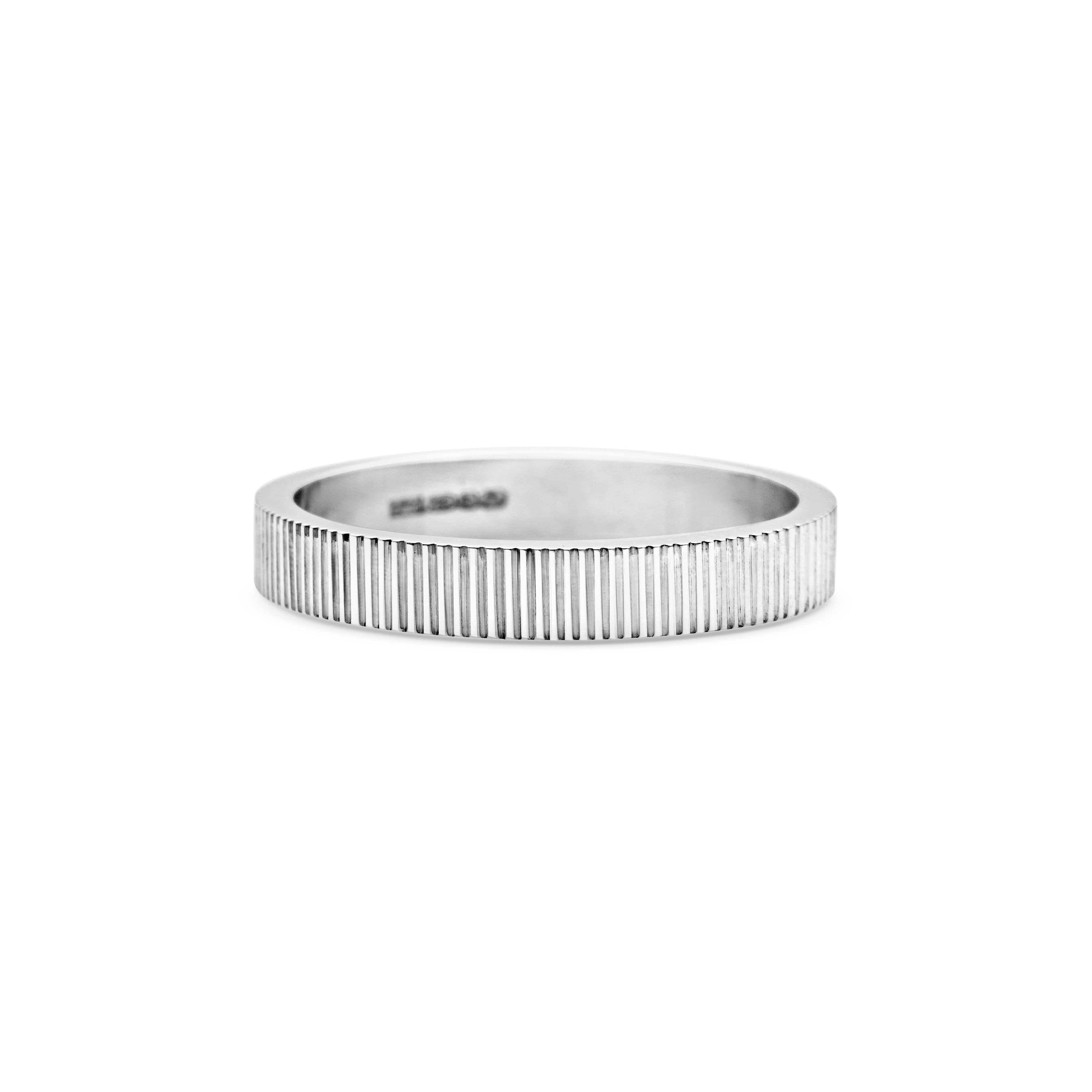 The Engraved Lines Flat Band- 3mm by East London jeweller Rachel Boston | Discover our collections of unique and timeless engagement rings, wedding rings, and modern fine jewellery.